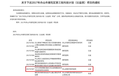 新技术新项目】我院的《PDTC抑制颈椎间融合术后动物模型相邻节段退变的实验研究》被纳入2017舟山市普陀区第三批科技计划（公益类）项目